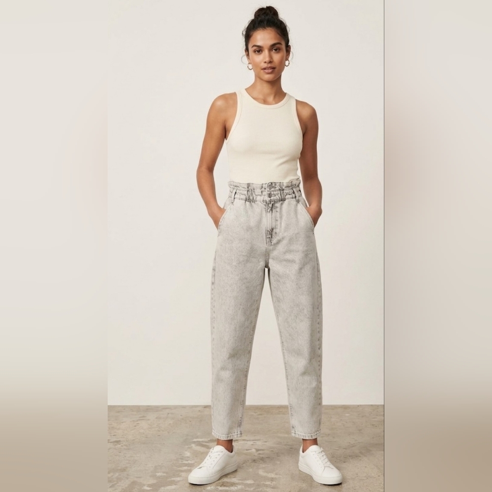 Zara Acid Wash High Rise Paperbag Mom Jeans Size 6